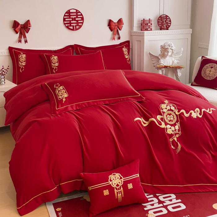 91家纺网 家纺一手货源 找家纺 2024新款亲肤面料婚庆刺绣系列四件套 喜事连连