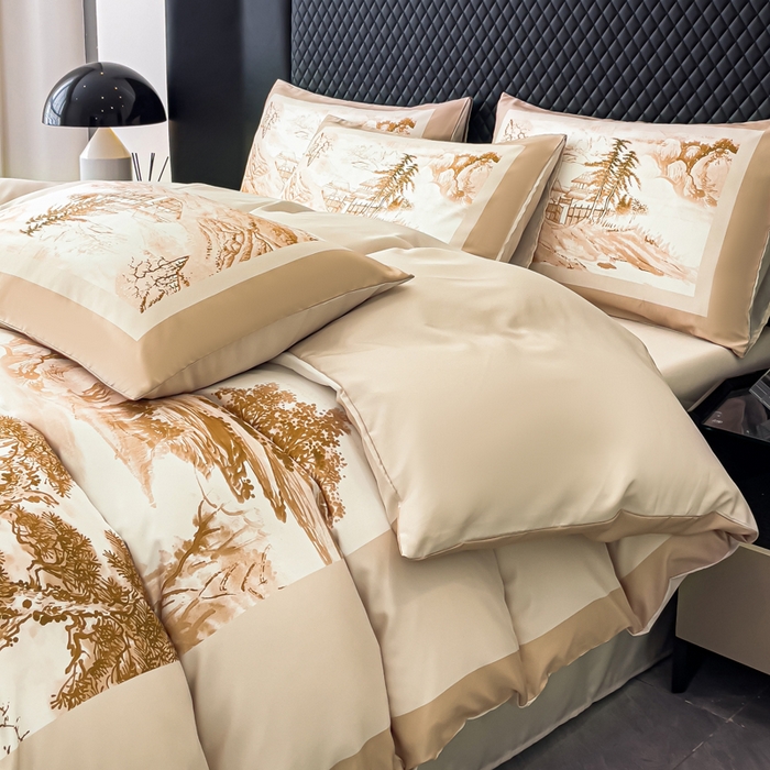 91家纺网 家纺一手货源 找家纺 2024新款水洗真丝画意山水系列四件套 画意山水-咖