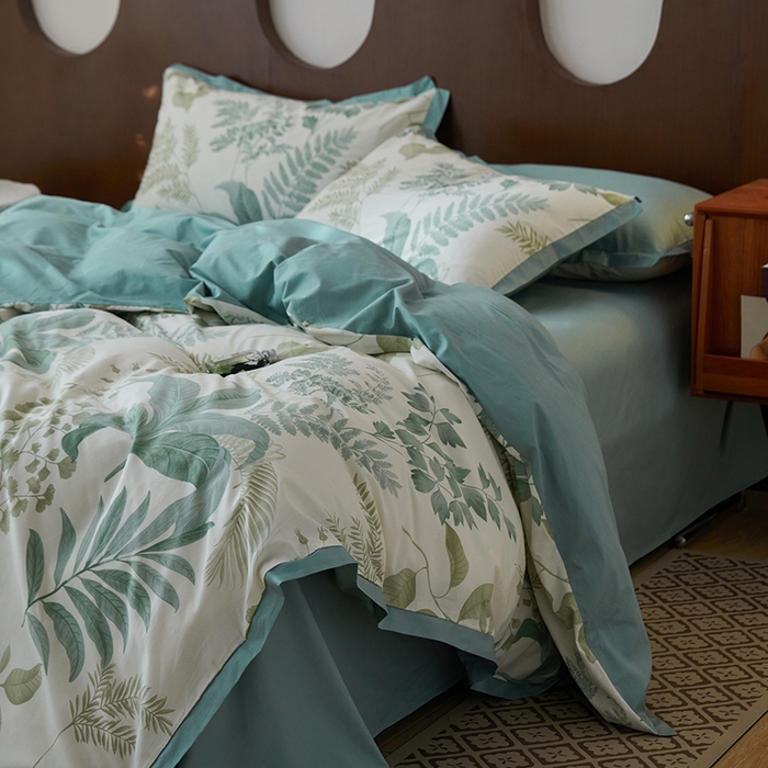 91家纺网 家纺一手货源 找家纺 千朵森 2024新款全棉长绒棉拼角款印花四件套（风格二） 绿茵