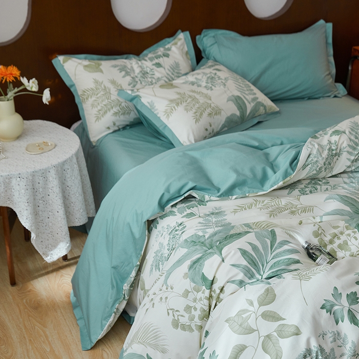 91家纺网 家纺一手货源 找家纺 千朵森 2024新款全棉长绒棉拼角款印花四件套（风格二） 绿茵