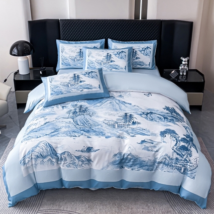 91家纺网 家纺一手货源 找家纺 （总）2024新款水洗真丝画意山水系列四件套