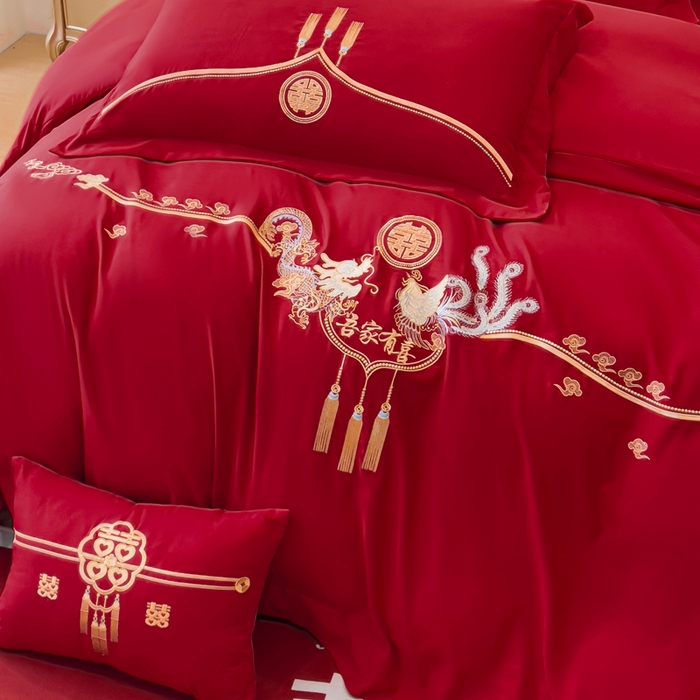 91家纺网 家纺一手货源 找家纺 2024新款亲肤面料婚庆刺绣系列四件套 龙凤呈祥
