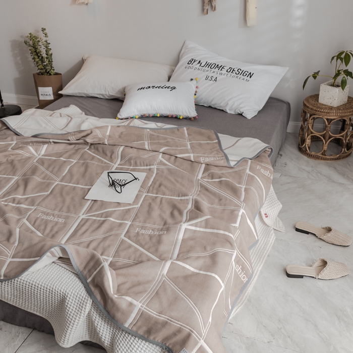 91家纺网 家纺一手货源 找家纺 朴尔 2024经典六层纱布全棉毛巾被系列 简约驼