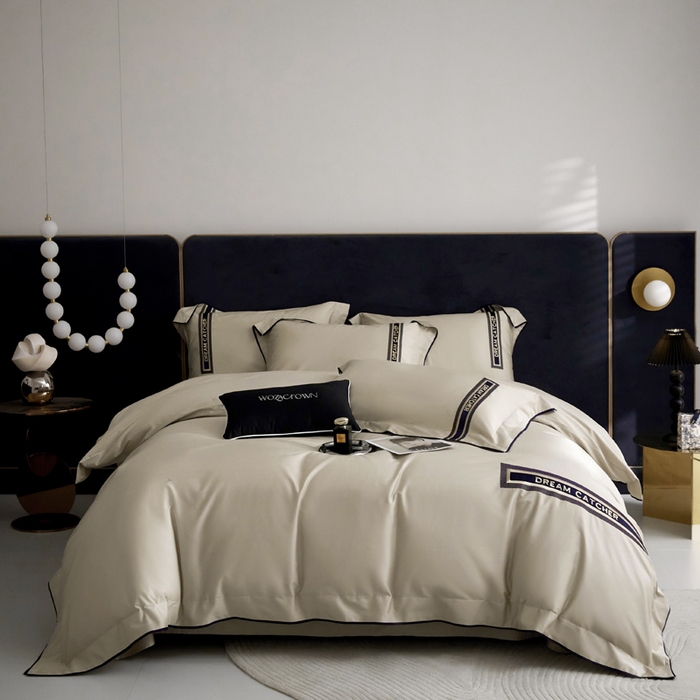 91家纺网 家纺一手货源 找家纺 爱缦 2024新款100支澳棉CR工艺极简轻奢刺绣四件套-茹伊 风格二 云深茶白