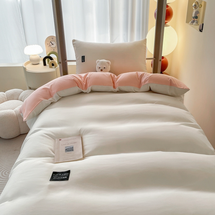 91家纺网 家纺一手货源 找家纺 米瑞娜 2024新款水洗棉麻双拼纯色学生三件套 奶白+冰粉