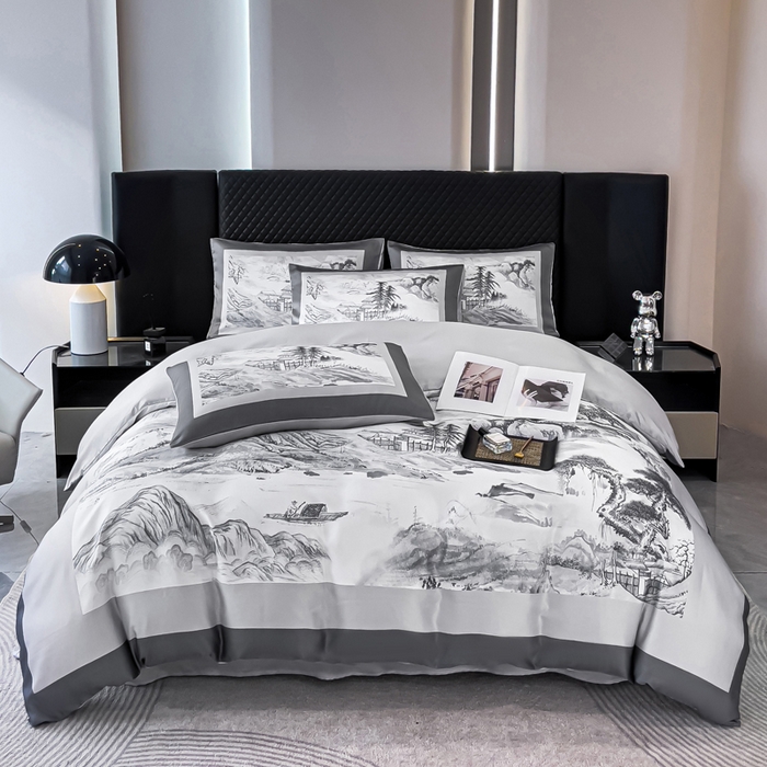 91家纺网 家纺一手货源 找家纺 2024新款水洗真丝画意山水系列四件套 画意山水-灰