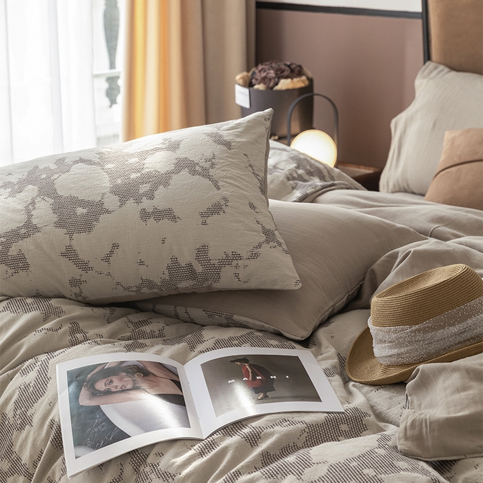 91家纺网 家纺一手货源 找家纺 棉邦 2024新款全棉色织工艺双层纱四件套 大展宏图米白