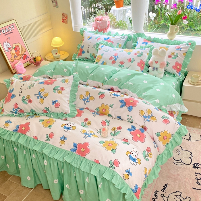 91家纺网 家纺一手货源 找家纺 亨通家纺 2025新款亲肤棉花边韩版床裙四件套 花小妹