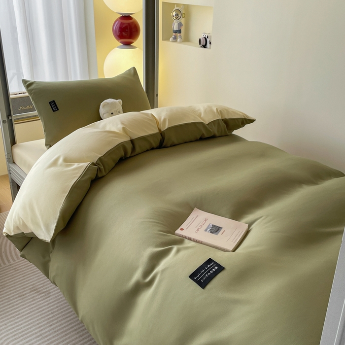 91家纺网 家纺一手货源 找家纺 米瑞娜 2024新款水洗棉麻双拼纯色学生三件套 抹茶+奶油