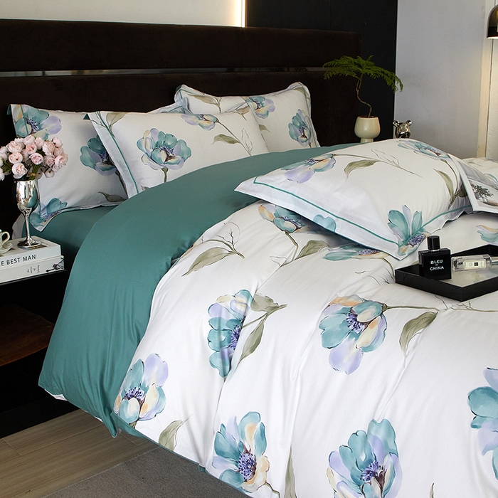 91家纺网 家纺一手货源 找家纺 沐白 2024新款全棉全棉13376全活性印花黄金棉系列四件套 佩利-蓝