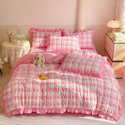 91家纺网 家纺一手货源 找家纺 （总）九诺 2024春夏新款泡泡纱花边彩虹泡芙系列四件套