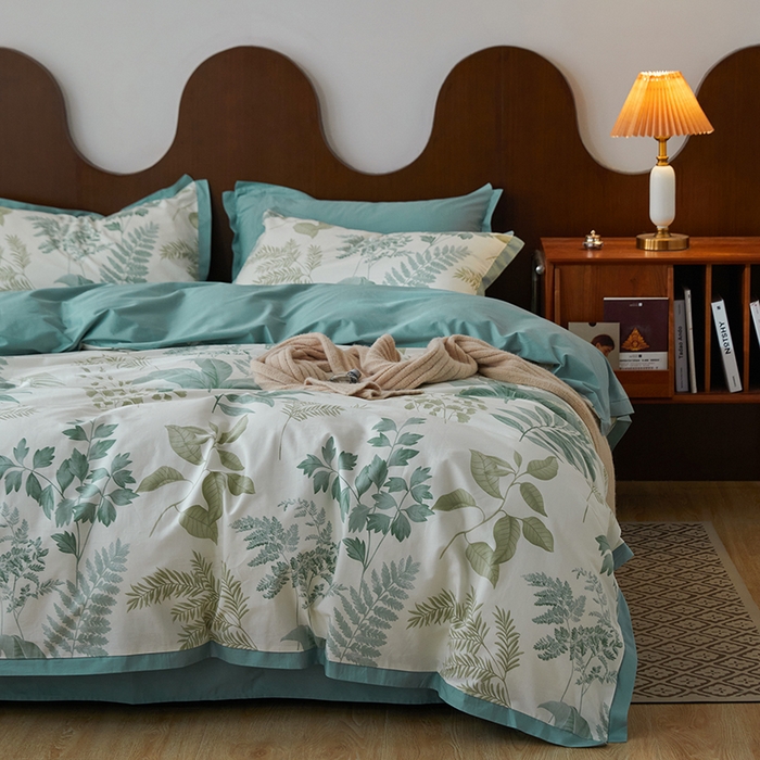 91家纺网 家纺一手货源 找家纺 千朵森 2024新款全棉长绒棉拼角款印花四件套（风格二） 绿茵