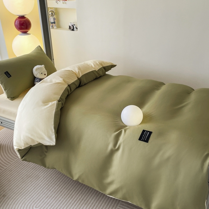 91家纺网 家纺一手货源 找家纺 米瑞娜2024水洗棉麻双拼纯色学生款四件套 抹茶+奶油