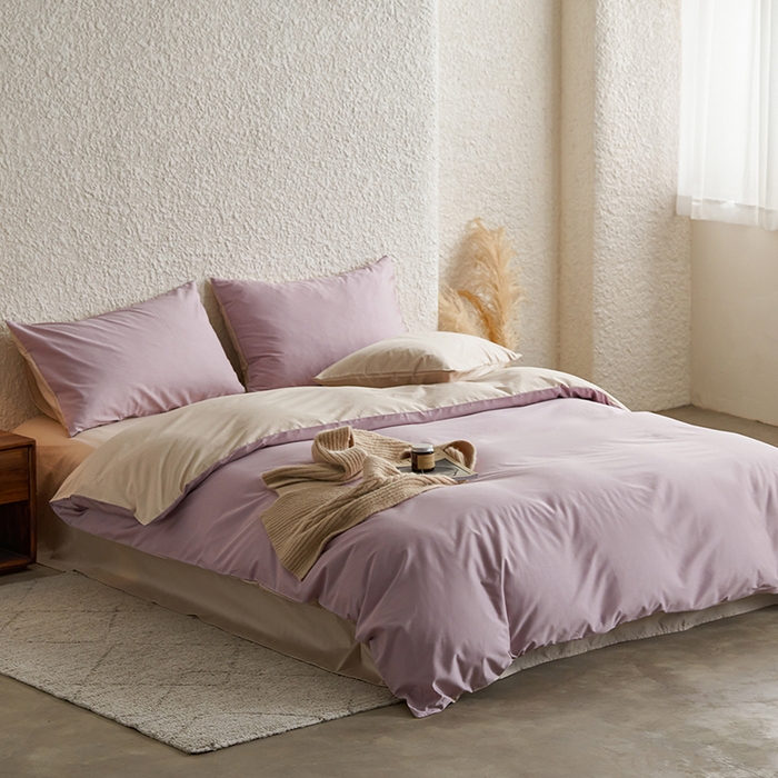 91家纺网 家纺一手货源 找家纺 千朵森 2024新款全棉贡缎双拼纯色四件套 暗香-豆沙粉双拼