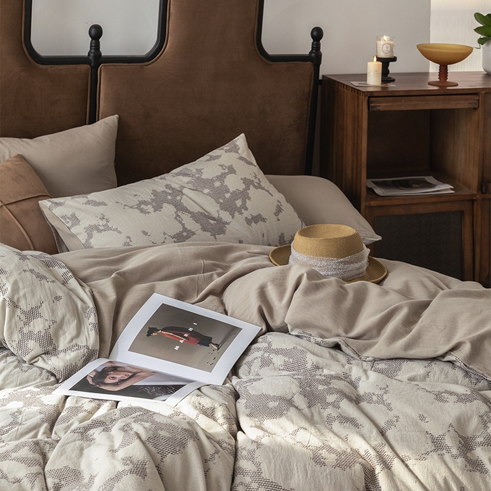 91家纺网 家纺一手货源 找家纺 棉邦 2024新款全棉色织工艺双层纱四件套 大展宏图米白