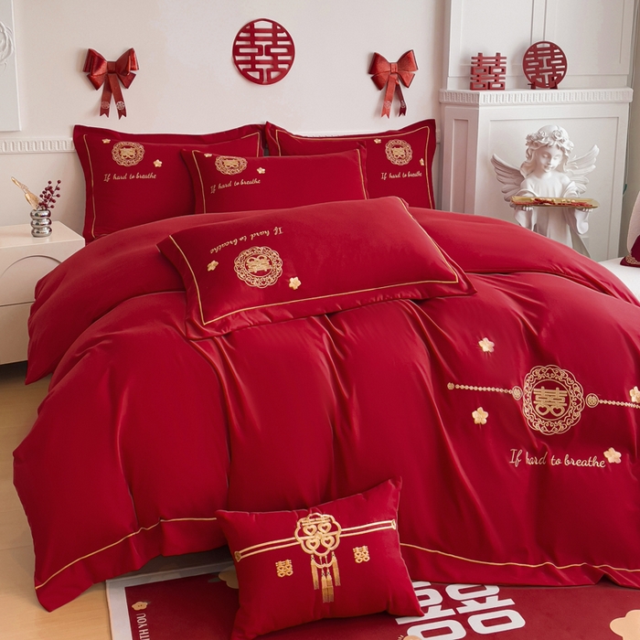 91家纺网 家纺一手货源 找家纺 2024新款亲肤面料婚庆刺绣系列四件套 吾家有喜