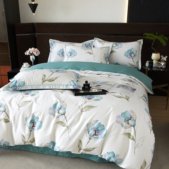 91家纺网 家纺一手货源 找家纺 沐白 2024新款全棉全棉13376全活性印花黄金棉系列四件套 佩利-蓝