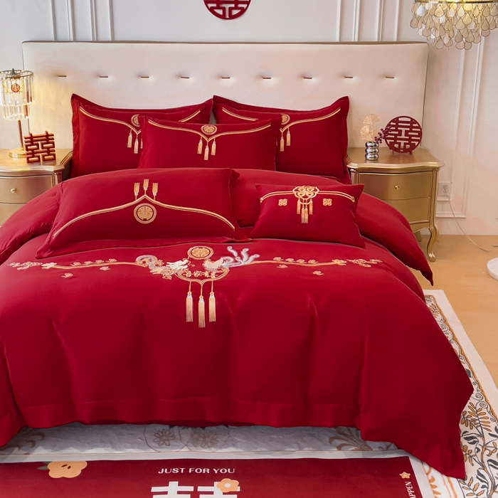 91家纺网 家纺一手货源 找家纺 2024新款亲肤面料婚庆刺绣系列四件套 龙凤呈祥