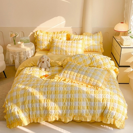 91家纺网 家纺一手货源 找家纺 （总）九诺 2024春夏新款泡泡纱花边彩虹泡芙系列四件套