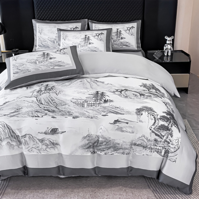 91家纺网 家纺一手货源 找家纺 2024新款水洗真丝画意山水系列四件套 画意山水-灰