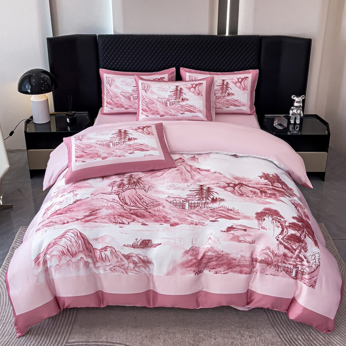 91家纺网 家纺一手货源 找家纺 2024新款水洗真丝画意山水系列四件套 画意山水-粉