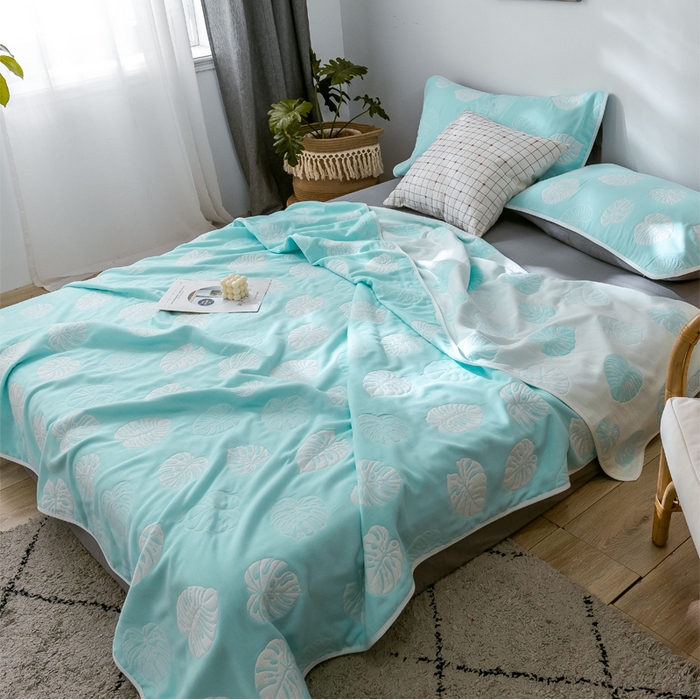 91家纺网 家纺一手货源 找家纺 朴尔 2024经典六层纱布全棉毛巾被系列 芭蕉情缘-蓝