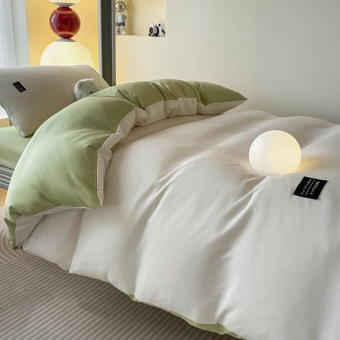 91家纺网 家纺一手货源 找家纺 米瑞娜2024水洗棉麻双拼纯色学生款被套 白+豆绿