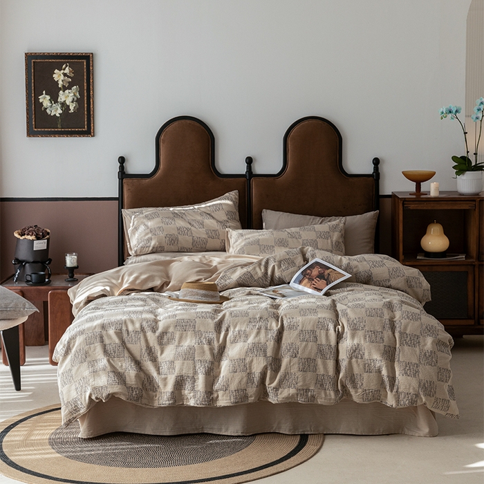 91家纺网 家纺一手货源 找家纺 棉邦 2024新款全棉色织工艺双层纱四件套 格高意远卡其