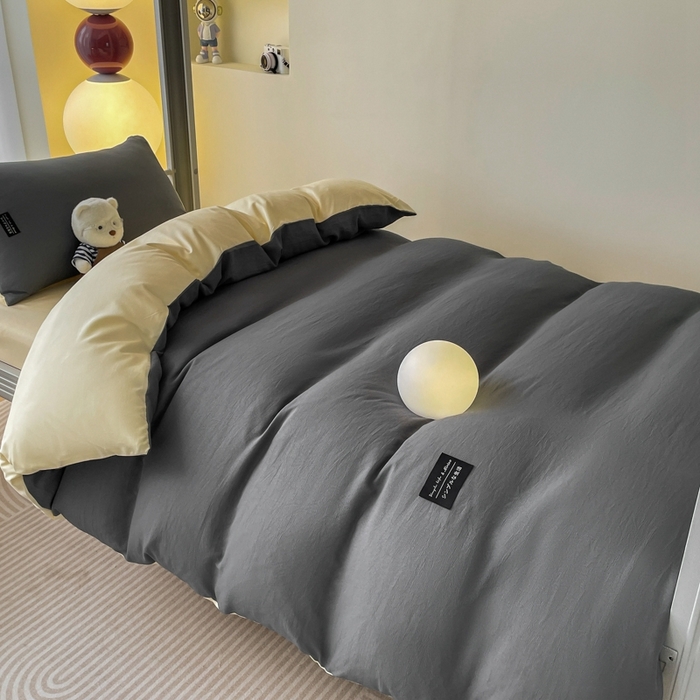 91家纺网 家纺一手货源 找家纺 米瑞娜2024水洗棉麻双拼纯色学生款四件套 中灰+奶茶