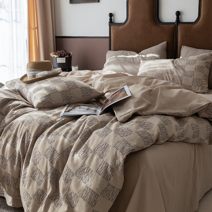 91家纺网 家纺一手货源 找家纺 棉邦 2024新款全棉色织工艺双层纱四件套 格高意远卡其