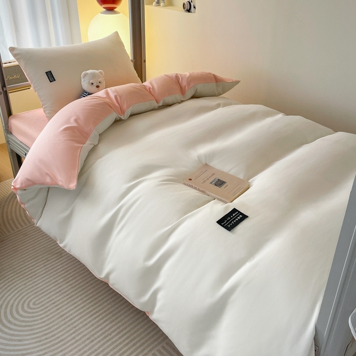 91家纺网 家纺一手货源 找家纺 米瑞娜2024水洗棉麻双拼纯色学生款被套 奶白+冰粉