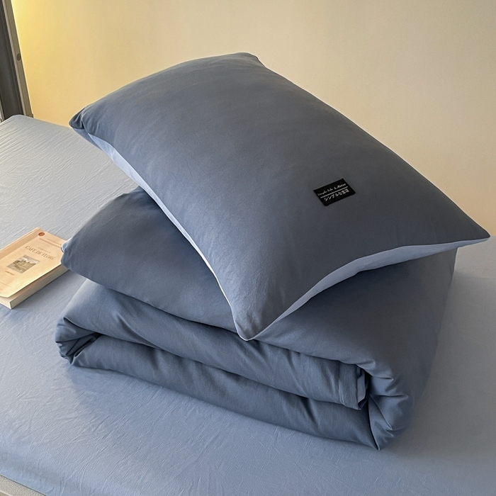 91家纺网 家纺一手货源 找家纺 米瑞娜2024水洗棉麻双拼纯色学生款枕套 雾蓝+淡蓝