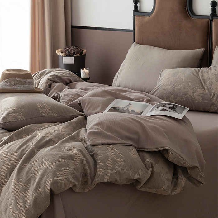 91家纺网 家纺一手货源 找家纺 棉邦 2024新款全棉色织工艺双层纱四件套 大展宏图卡其