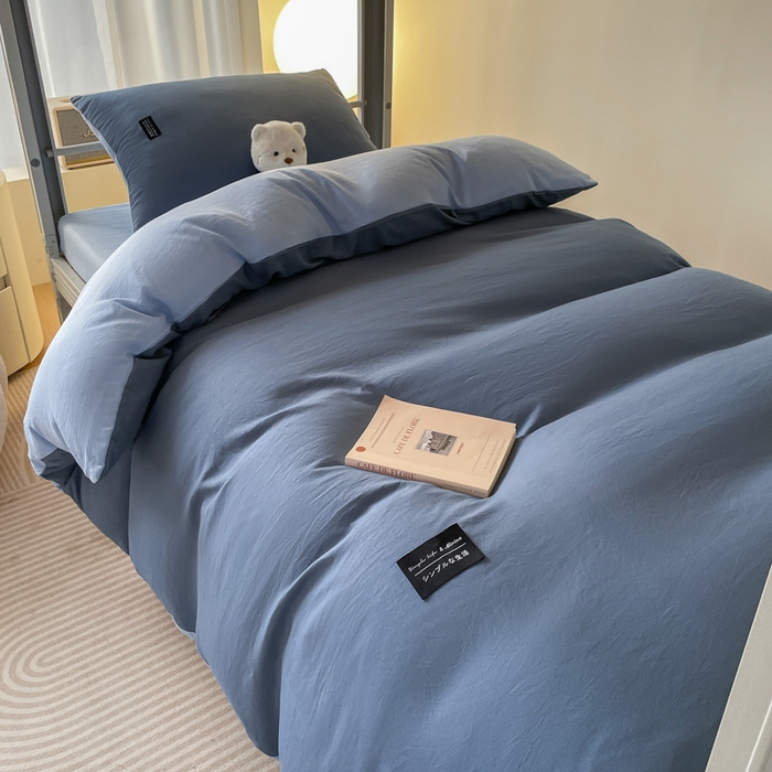 91家纺网 家纺一手货源 找家纺 米瑞娜 2024新款水洗棉麻双拼纯色学生三件套 雾蓝+淡蓝