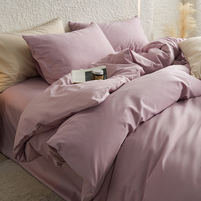 91家纺网 家纺一手货源 找家纺 千朵森 2024新款全棉贡缎双拼纯色四件套 暗香-豆沙粉