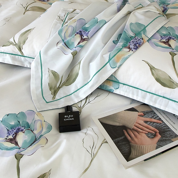 91家纺网 家纺一手货源 找家纺 沐白 2024新款全棉全棉13376全活性印花黄金棉系列四件套 佩利-蓝