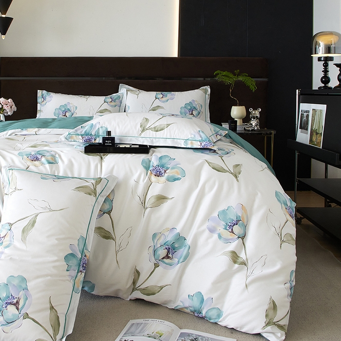 91家纺网 家纺一手货源 找家纺 沐白 2024新款全棉全棉13376全活性印花黄金棉系列四件套 佩利-蓝