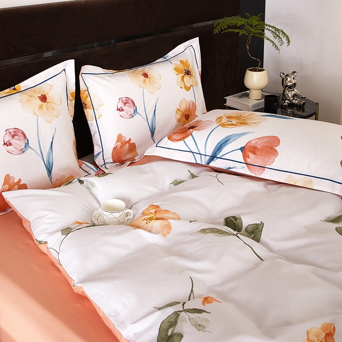 91家纺网 家纺一手货源 找家纺 沐白 2024新款全棉全棉13376全活性印花黄金棉系列四件套 白觅-浅灰