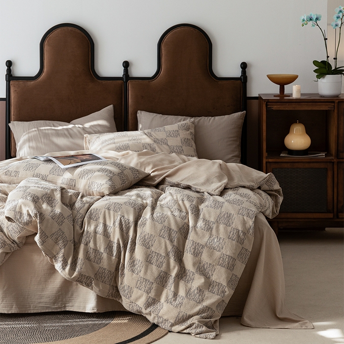 91家纺网 家纺一手货源 找家纺 棉邦 2024新款全棉色织工艺双层纱四件套 格高意远卡其