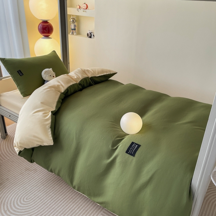 91家纺网 家纺一手货源 找家纺 米瑞娜2024水洗棉麻双拼纯色学生款四件套 橄榄绿+奶油