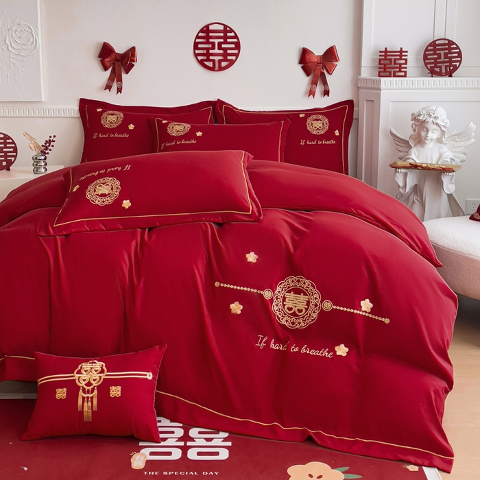 91家纺网 家纺一手货源 找家纺 2024新款亲肤面料婚庆刺绣系列四件套 吾家有喜