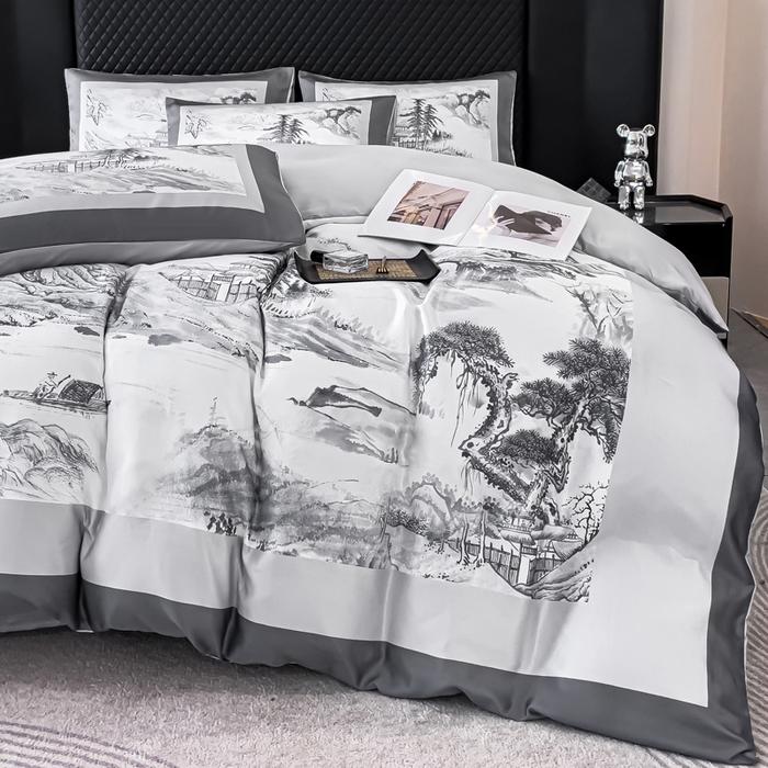 91家纺网 家纺一手货源 找家纺 2024新款水洗真丝画意山水系列四件套 画意山水-灰