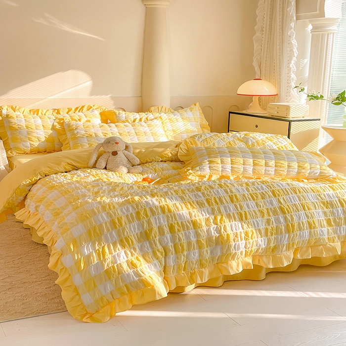 91家纺网 家纺一手货源 找家纺 （总）九诺 2024春夏新款泡泡纱花边彩虹泡芙系列四件套