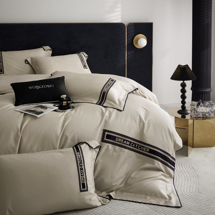 91家纺网 家纺一手货源 找家纺 爱缦 2024新款100支澳棉CR工艺极简轻奢刺绣四件套-茹伊 风格二 云深茶白