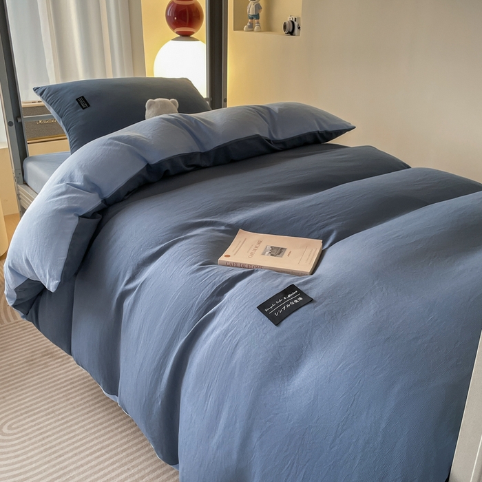 91家纺网 家纺一手货源 找家纺 米瑞娜 2024新款水洗棉麻双拼纯色学生三件套 雾蓝+淡蓝