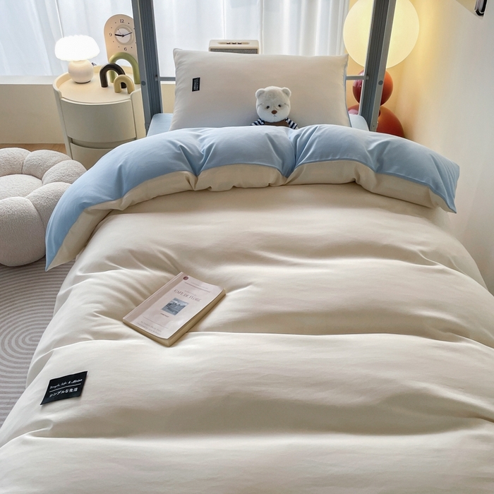 91家纺网 家纺一手货源 找家纺 米瑞娜2024水洗棉麻双拼纯色学生款被套 奶白+淡蓝