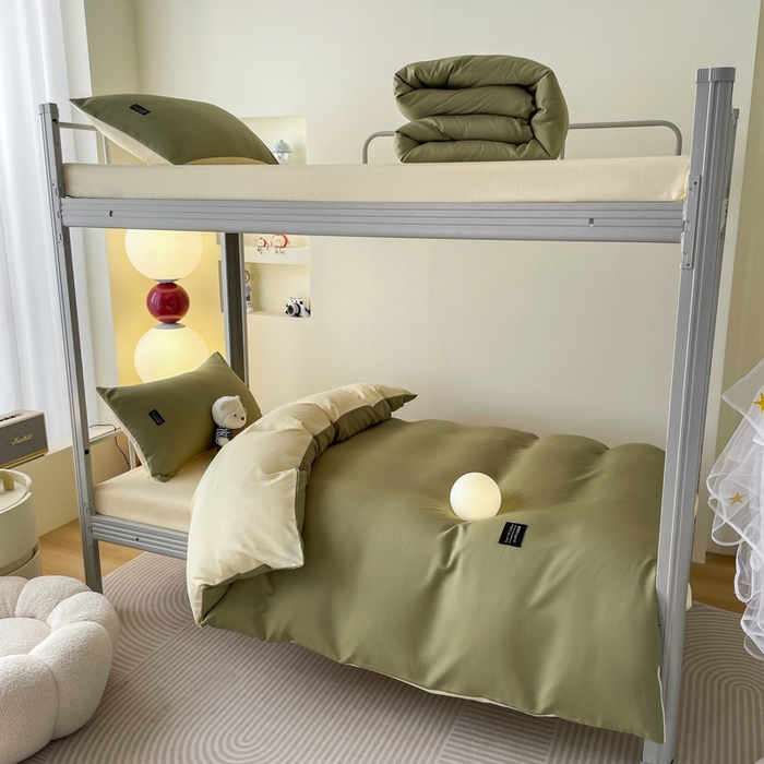 91家纺网 家纺一手货源 找家纺 米瑞娜 2024新款水洗棉麻双拼纯色学生三件套 抹茶+奶油