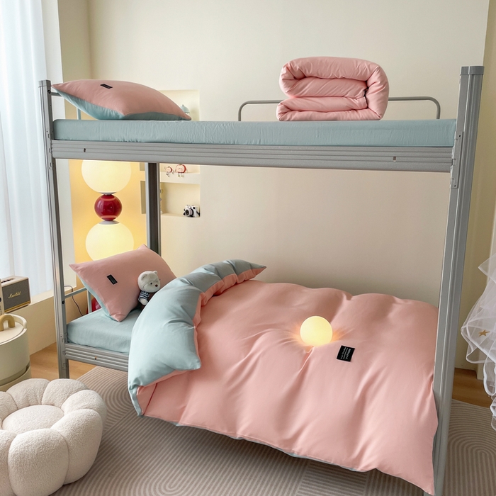 91家纺网 家纺一手货源 找家纺 米瑞娜 2024新款水洗棉麻双拼纯色学生三件套 冰粉+自然绿