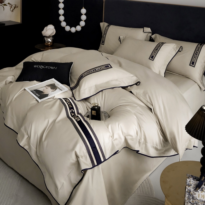 91家纺网 家纺一手货源 找家纺 爱缦 2024新款100支澳棉CR工艺极简轻奢刺绣四件套-茹伊 风格二 云深茶白