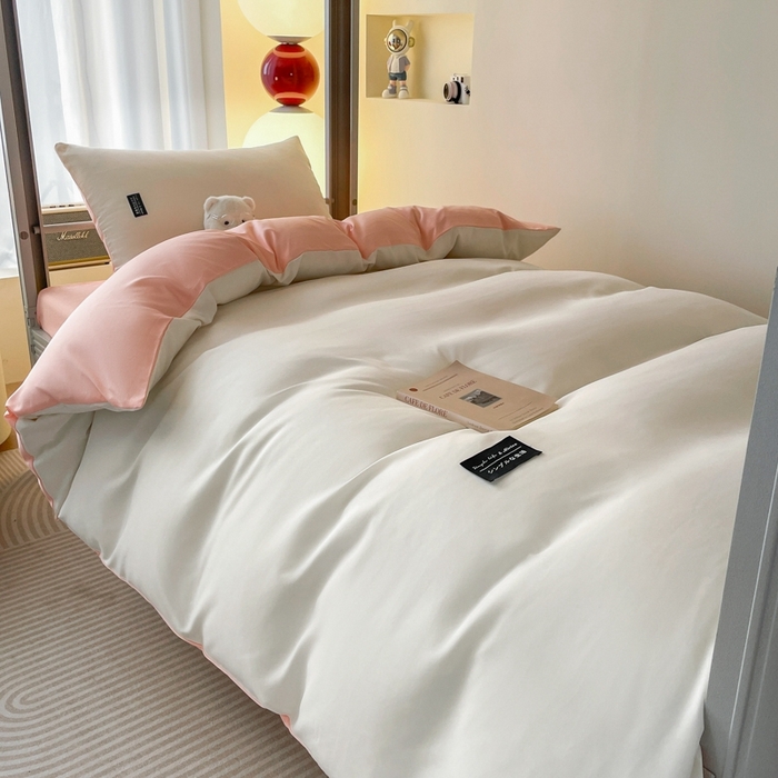 91家纺网 家纺一手货源 找家纺 米瑞娜2024水洗棉麻双拼纯色学生款被套 奶白+冰粉